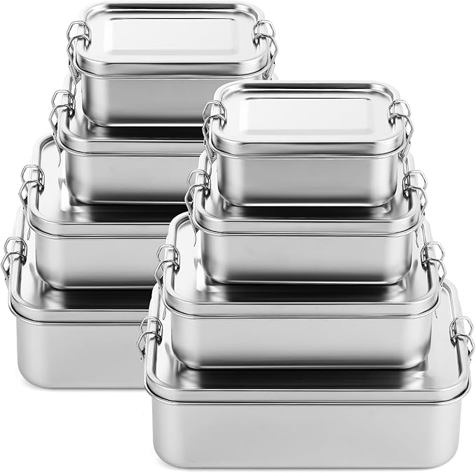 Umigy 8 Pcs Stainless Steel Food Containers Metal Bento Lunch Box Stainless Steel Food Storage Containers, Lockable Clips to Leak Proof, Reusable Dishwasher Snack Boxes for Work, Picnic (4 Sizes)