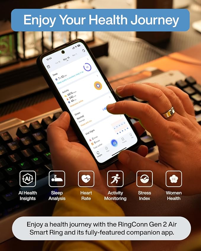 RingConn Gen 2 Air, Ultra-Thin AI Smart Ring, 10-Day Battery Life, Fitness/Sleep/Stress/HR Tracker for Women&Men, No App Fee for Standard Features, iOS & Android Compatible (Size 10, Dune Gold)