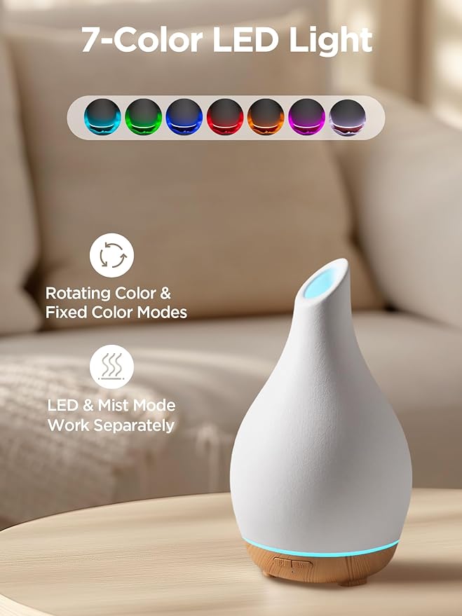 InnoGear Essential Oil Diffuser, 150ml Ceramic Diffuser Handcrafted Stone Aromatherapy Diffusers Ultrasonic Cool Mist Humidifier Vaporizer 2 Mist Modes Waterless for Home, White Vase-Shaped Ceramic