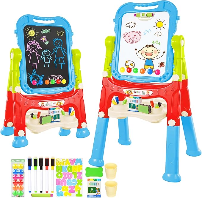 Amagoing Easel for Kids, Adjustable Standing Art Easel for Toddler, Double Side Drawing Board with Painting Accessories, Learning Toy Gift for Little Boys Girls Age 3 4 5, Blue