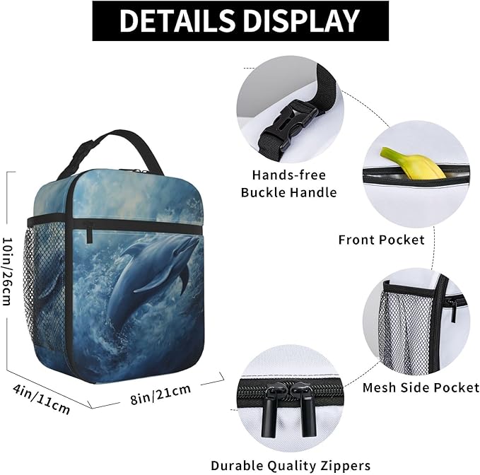 Dolphin Lunch Box for Women Men, Insulated Lunch Box Reusable Portable Lunch Bag Cooler Tote Waterproof Lunch Container for Office Picnic Work Travel