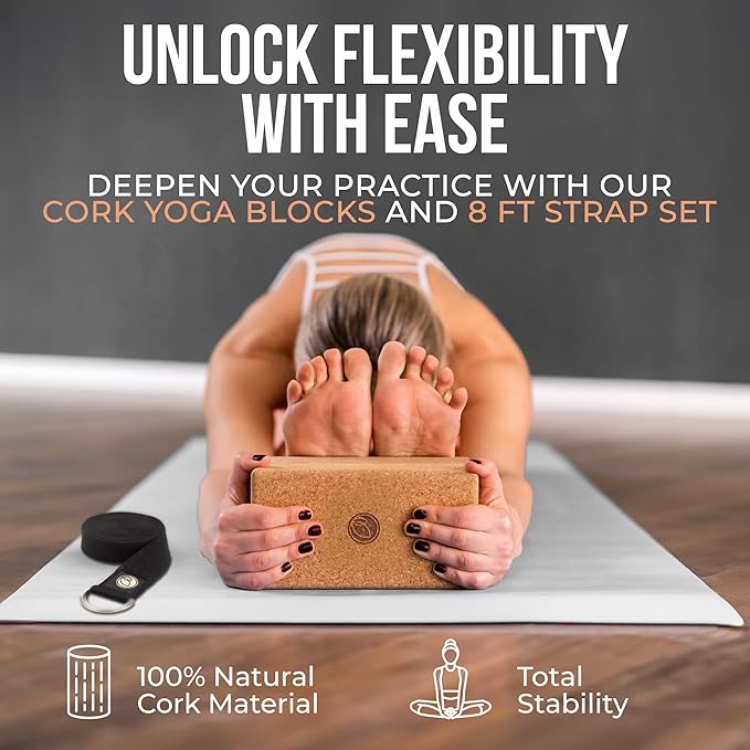 Cork Yoga Blocks 2 Pack with Strap- 9x6x3 Inch Natural Yoga Block Set of 2- Pilates Props and Accessories - High Density Cork Bricks For Exercise