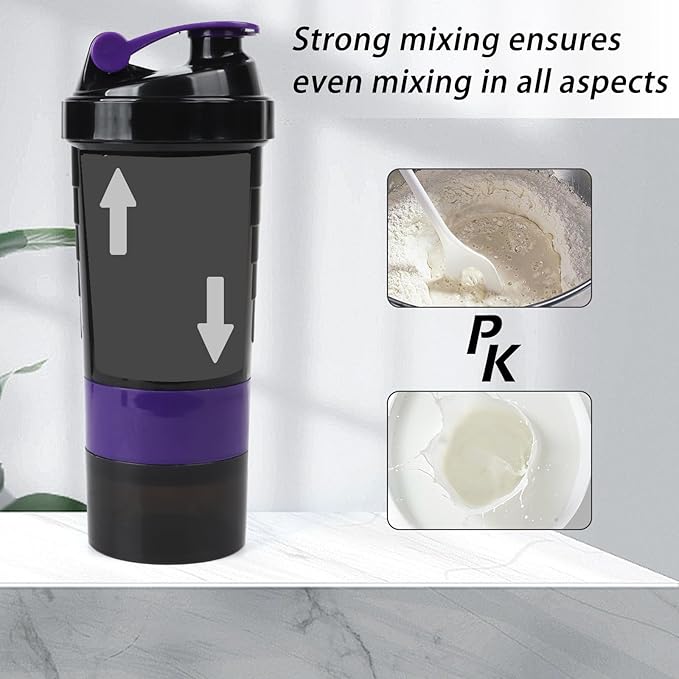 Shaker Bottle - Protein Shaker Cup with Storage Compartments - Leak-proof Workout Shake Bottles with Mixer for Smooth Mixing-500ML/16oz (PURPLE & BLACK)