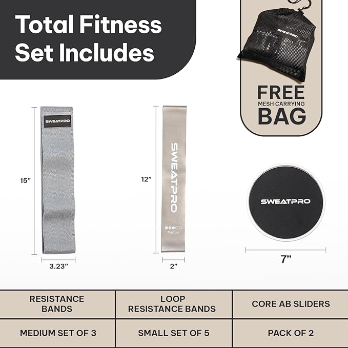 Exercise & Toning Kit. Resistance Bands, Booty Bands, Core Sliders Set for Men and Women, for Home Fitness, Gym, Yoga, Squat, Glute, Legs, Butt and core Building. Portable and Convenient.