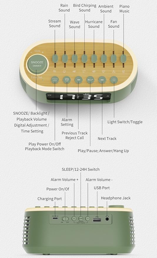 White Noise Machine Bluetooth Speaker, Digital Alarm Clock Sleep Timer with LED Display RGB Night Light, Soothing Natural Sleeping Sound Machine for Baby, Kids, Adults, Bedrooms (Green)