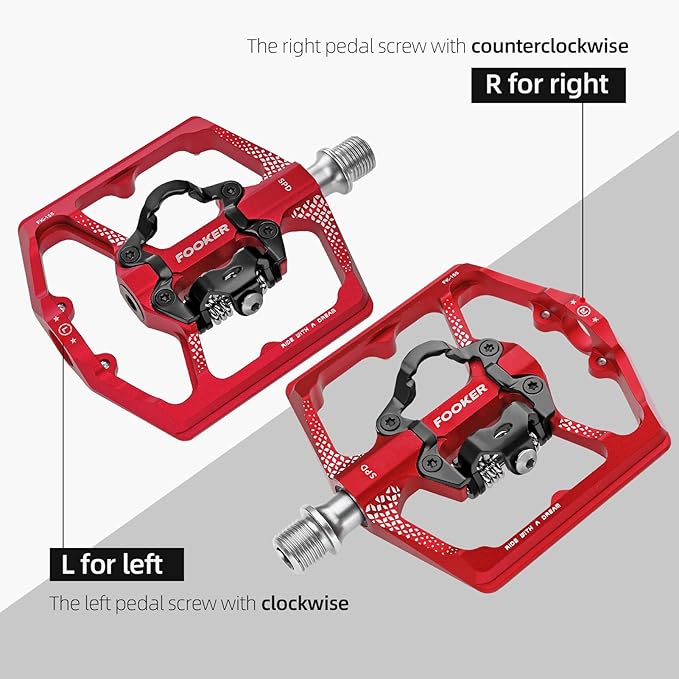 FOOKER MTB Mountain Bike Pedals, Dual Function Flat and Pedal,3 Sealed Bearing Flat Platform Compatible with Clipless Pedal Aluminum 9/16" Pedals with Cleats for Road Mountain BMX MTB