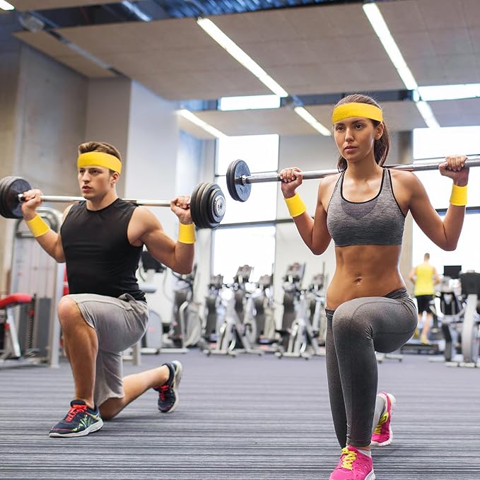 24 Pieces 80s Neon Sweatbands Set, Include 8 Sports Headbands and 16 Sweat Wristbands Elastic Athletic Tennis Sweat Bands Bulk for Man Woman