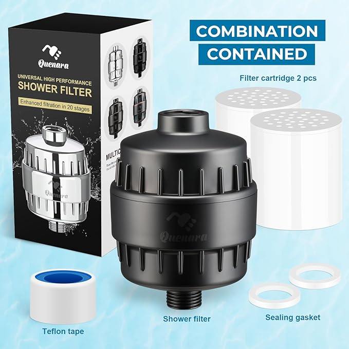 20-Stage Shower Filter, High Output Shower Head Filter for Hard Water with 2 Cartridges, Water Softener Reduces Dry Skin, Dandruff, Eczema and Improves Skin, Hair and Nails, Gray