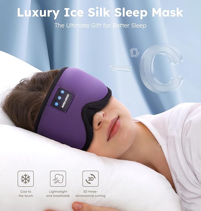 Ice Silk Sleep Mask with Headphones, Sleep Headphones for Side Sleeper with 3D Cups, Bluetooth 5.4 Sleeping Eye Mask, Total Blackout Sleeping Headphones for Women Men(Purple)