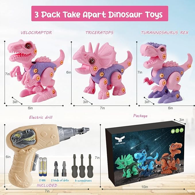 FREE TO FLY Girls Toys Take Apart Dinosaur: Pink Dinosaur Play Set for Kids 3-5 5-7, Stem Learning Educational Montessori for 3 4 5 6 7 8 Year Old Girls Toddlers Autism Sensory Xmas Birthday Gifts