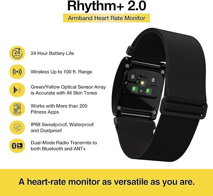 Scosche Rhythm R+2.0: Advanced Waterproof & Dustproof Heart Rate Monitor Armband with ANT+ & BLE Bluetooth Smart for Accurate Workout Tracking Compatible with Smartphones, Wahoo, Peloton, NordicTrack