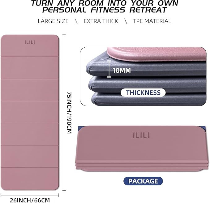 ILILI Foldable Yoga Mat, 10mm Thick, TPE Material, Extra Long 75"L x 26"W, Soft and Comfortable Folding Mat 0.4 Inches, Easy to Carry and Store, 190*66cm Portable Multi-Functional Use for Yoga, Home Exercise & Outdoor