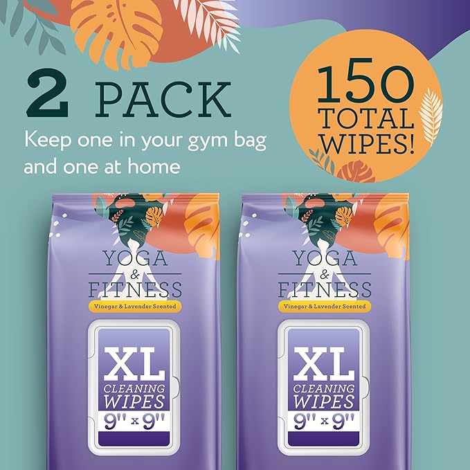 IMPRESA Yoga Mat Cleaner Wipes - 150 Count (2-Pack), 9 x 9 In, Lavender Scent - Gym Equipment & Exercise Mat Cleaning Wipes
