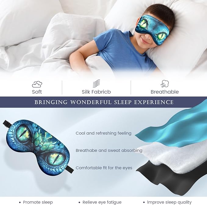 2 Pcs Sleep Mask for Kids Boys, Silk Eye Covers for Sleeping, Adjustable Strap & Light Blocking Design, Adult Children's Bedtime Blindfold for Travel and Home Use (Green Dinosaur Eyes)