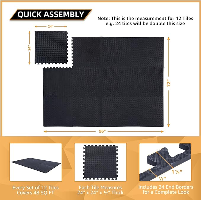 12 Pack, 48 SQFT - 24" x 24" - 1/2" Extra Thick Floor Exercise Mat for Home Gym or Floor Padding - High-Density EVA Interlocking Foam Floor Tiles for Gym Equipment, Play Area | Yoga, Cardio, Weights