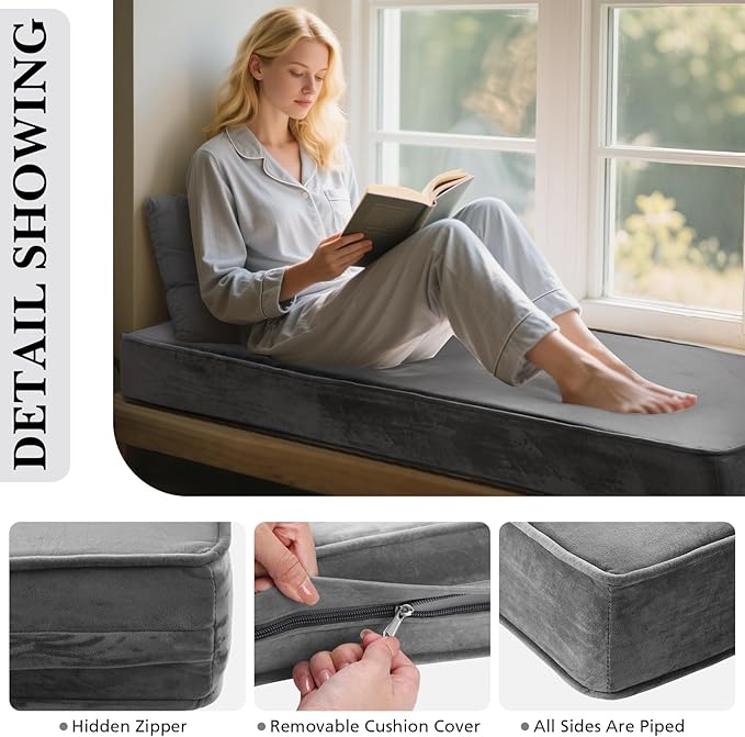 Wenqik Bench Cushions 42x16x4 Inch Window Seat Cushions for Indoor Furniture Velvet Kitchen Dining Bay Seat Tufted Porch Swing Thicken Bench Pad Memory Foam(Gray)