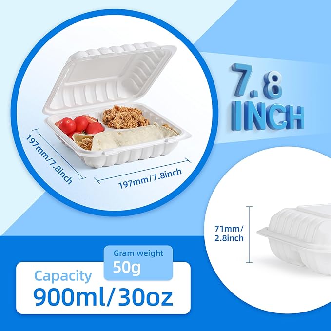 YANGRUI Food Containers 7.8" 30 oz 65 Pack - Shrink Wrap Mineral Filled BPA Free PP Plastic | Heavy Duty Microwave Safe | Individual Portion 3 Compartment | Restaurant White Takeout container