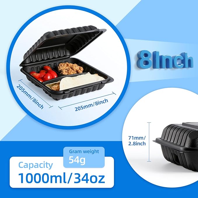 YANGRUI Food Containers Mineral Filled PP Plastic - 55 Pack 8x8 34 oz BPA Free | Shrink Wrap Microwave Safe | Reusable & Disposable Heavy Duty Clamshell Takeout | Black To Go 3 Compartment Lunch Box