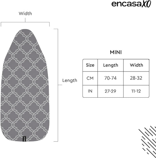 Encasa XO Ironing Board Cover and Pad 28"x12" - Thick 3mm Felt Padding, Drawstring Tightening & Lock, Easy Fit, Scorch & Stain Resistant, Fits Mini Ironing Board - Grey Tiles