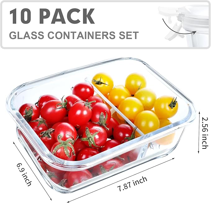 VERONES 10 Pack Glass Meal Prep Containers 2 Compartment Set, 30 OZ Airtight Glass Lunch Containers, Food Storage Containers with Lids, for Microwave, Oven, Freezer & Dishwasher Friendly,White