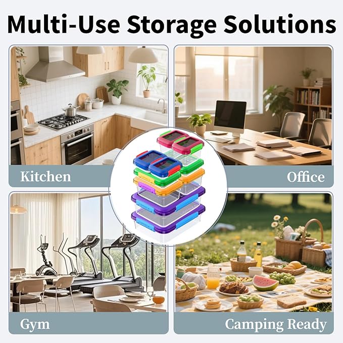 10 Pcs Set Plastic Food Storage Containers with Lids BPA Free Snap Lock Container Kitchen Pantry Organization for Meal Prep Lunch Salad Leftover Fruit Stackable Microwave Dishwasher Safe 5/12/29/68 oz
