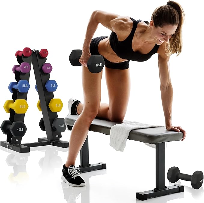 Colored Neoprene Dumbbell Set with Rack, Multiple Weight Options, 20LBS, 32LBS, 50LBS and 56LBS Sets
