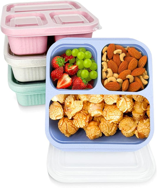 3 Compartment Snack Containers, 4 Pack Reusable Wheat Bento Snack Boxes, Stackable Divided Food Meal Prep Containers for Work, Travel (Green/Blue/PK/Beige, 3 Compartments)