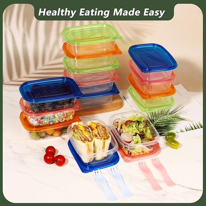 16pcs Meal Prep Containers with Lids, Snack Container for Lunch, Salad, Snacks & Bento, 10 Forks Included, Microwave/Freezer Safe, Stackable 16.33 Oz (4 Colors)
