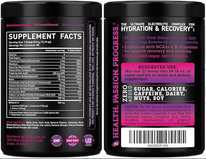 Zeal Naturals Electrolyte Powder Recovery Drink (90 Servings | Black Cherry) w/ 0 Sugar +BCAAs +B-Vitamins Electrolyte Supplement w Potassium Zinc & Magnesium for Hydration - Keto Electrolytes