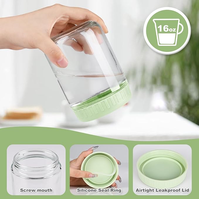 Overnight Oats Containers with Lids, 16oz Glass Jars with Lids 2 pcs, Light Green, Wide Mouth Mason jars for Salad, Yogurt, Snacks, Meal Prep