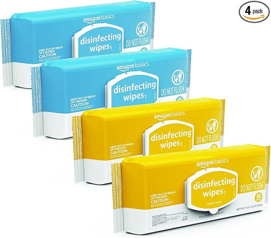 Amazon Basics Disinfecting Wipes, Lemon & Fresh Air Scent, Sanitizes/Cleans/Disinfects/Deodorizes, 320 Count (4 Packs of 80)