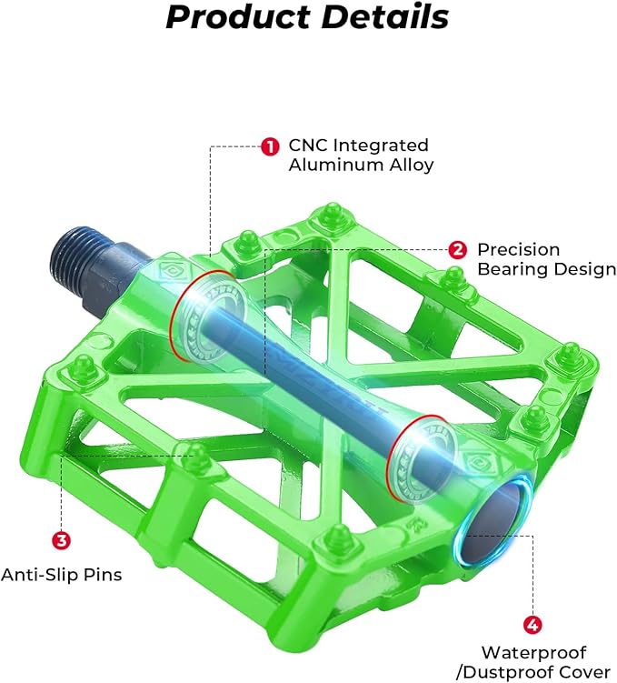 KEMIMOTO Mountain Bike Pedals MTB Bicycle Flat Pedals, 9/16'' CNC Aluminum Durable Sealed Bearings for Most Bikes BMX MTB Enduro Downhill Trail (Two Pack) (Green)