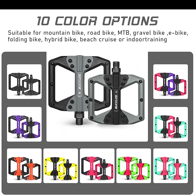 BUCKLOS MTB Flat Pedals Mountain Bike Pedals, 3 Bearings CNC Adult Road Bike Pedals, Bicycle Platform Aluminum Alloy Non-Slip Pedal for Gravel Bike/BMX 9/16"(Black)