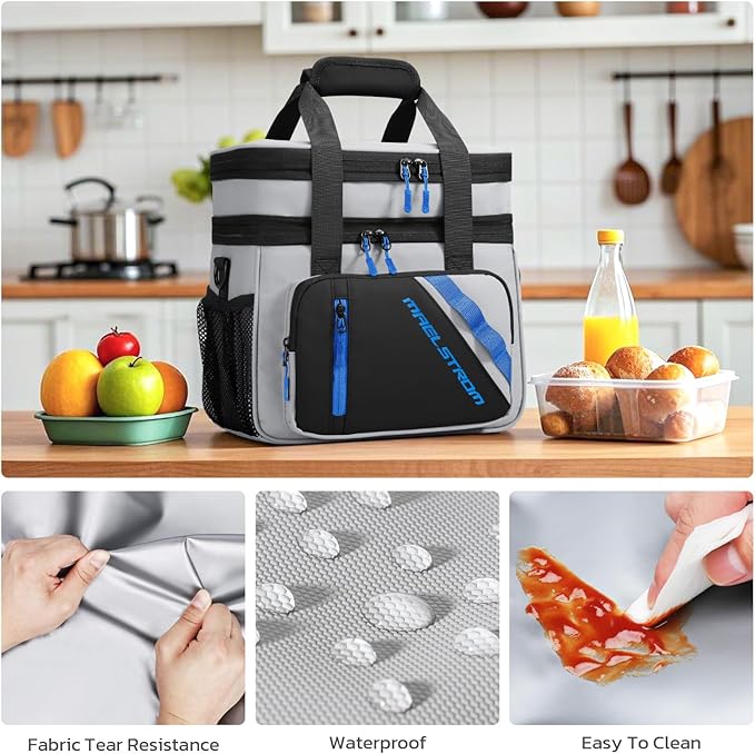Maelstrom Lunch Box, 20L Insulated Lunch Bag for Men Women, Expandable Double Deck Leakproof Cooler Bag with 6 Pockets, Reusable Lunch Tote Bag for Work, Picnic, Travel, Grey