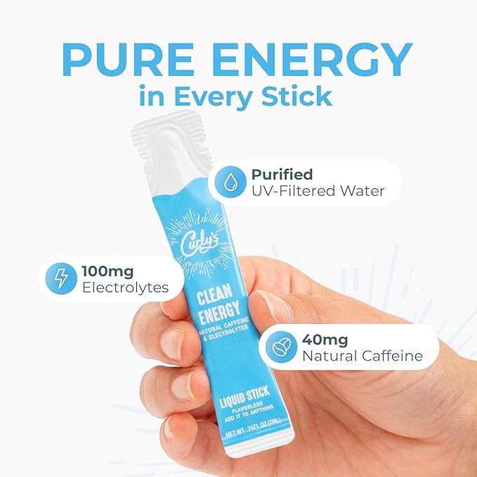 Curly's Clean Energy Caffeine & Electrolyte Sticks - Energize Your Favorite Drink - Keto, Paleo & Whole 30 Friendly - All Natural - No Sugar, No Calories, Non-GMO - 30 Flavorless Liquid Stick Packs