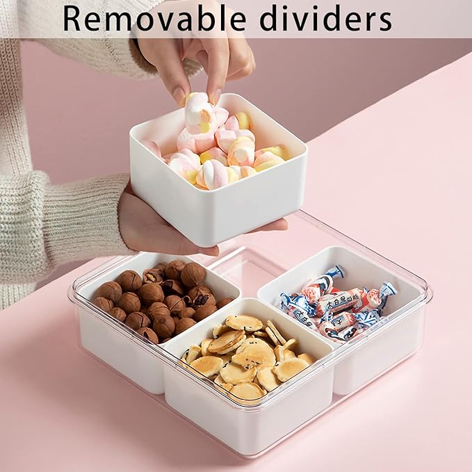 MineSign 2Pack Divided Veggie Tray with Lid Snackle Box Serving Container Salad Keeper with 4 Removable Boxes Stackable Refrigerator Organizer Bins Produce Saver for Meal Prep Fruit