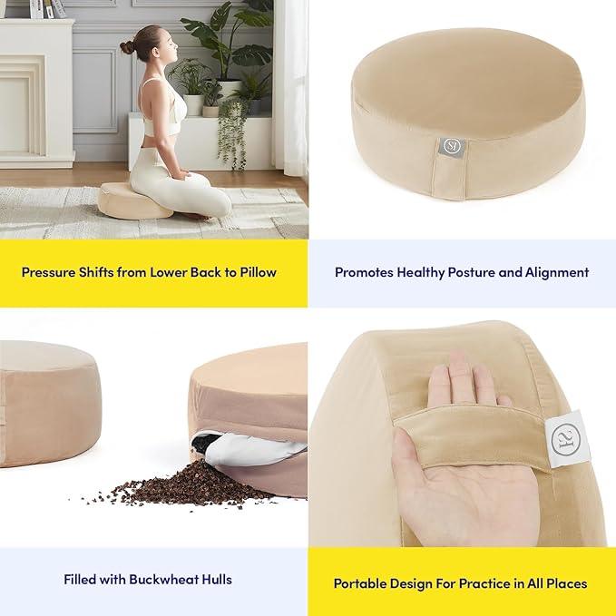 Meditation Cushion Bolster Pillow for Restorative Yoga โ Supportive Cushion for Meditation, Pilates, and Relaxation โ Filled with Buckwheat Hulls - Removable Cover