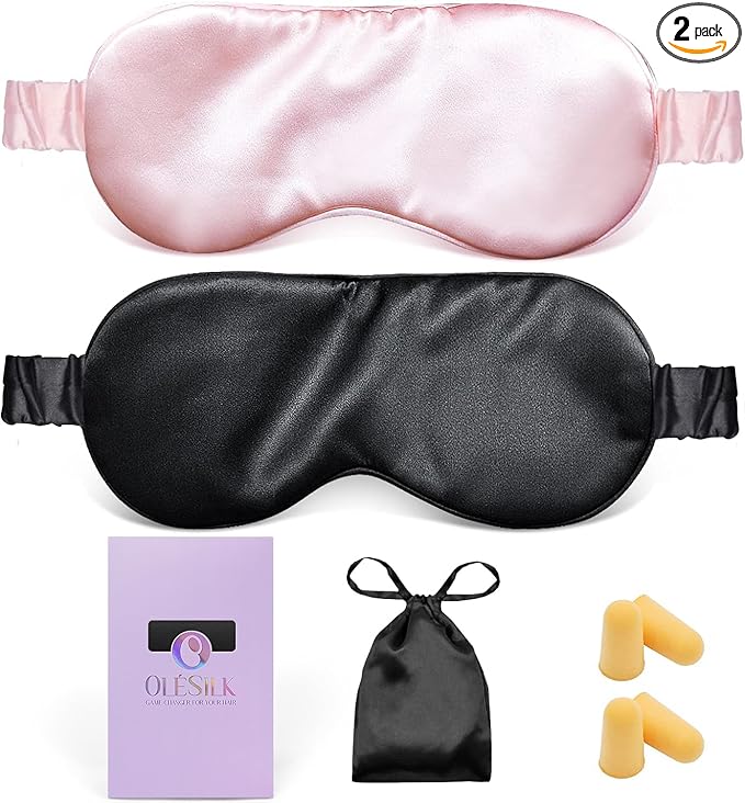 OLESILK 100% Natural Mulberry Silk Sleep Eye Mask 2 Pack with Double Layer Silk Filling, Blackout Eye Mask for Women Men Sleeping, Travel and Nap, Eye Cover Eyeshade with Gift Box, Pink & Black