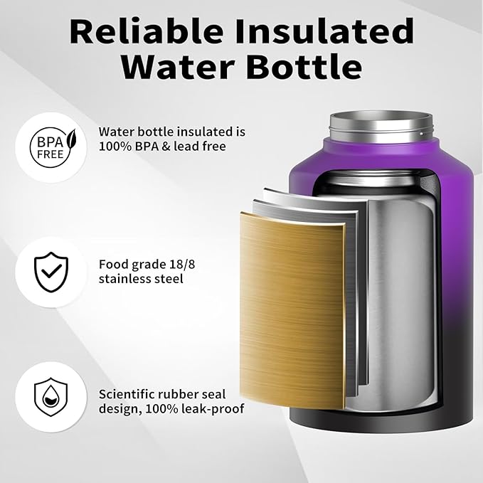 1 Gallon Water Bottle Insulated(Cold for 48 Hrs),BPA Free&Leak Proof,128oz Stainless Steel Water Jug,Big thermo,Large Water Bottle with Handle for Gym,Hiking,Camping&Travel,Purple