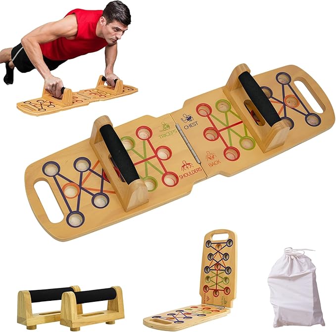 Wooden Portable Push up board, foldable fitness strength training pushup stand with solid bar grips, 2 handles for floor, professional push up training equipment for man and women