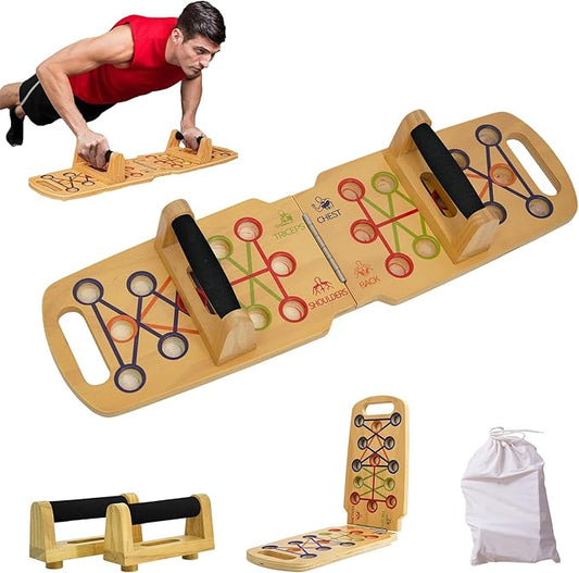 Wooden Portable Push up board, foldable fitness strength training pushup stand with solid bar grips, 2 handles for floor, professional push up training equipment for man and women