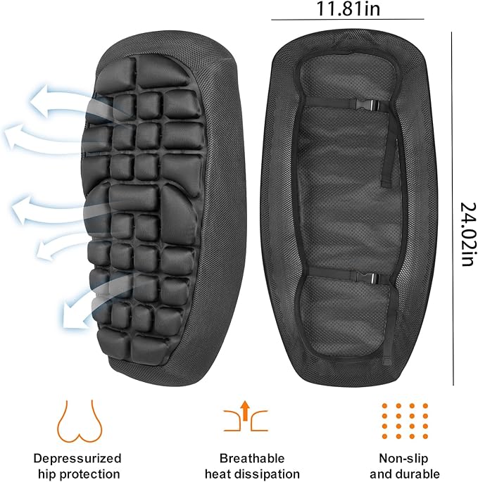 JFT Motorcycle Seat Cushion Air Pad, Pressure Relief Ride Motorcycle Air Cushion Large for Cruiser Touring Saddles, Shock-Absorbing Motocycle Seat Air Pad for Long Time Riding (Black)