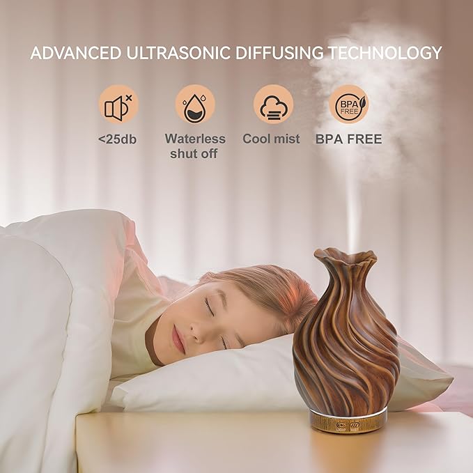 200ml Essential Oil Diffuser for Home, Wood Grain Cover Aromatherapy Diffuser, Cool Mist Humidifier with Safe Auto Shut-Off and 2 Mist Modes & 7 Color LED Night Lights for Office Room (VASE01)