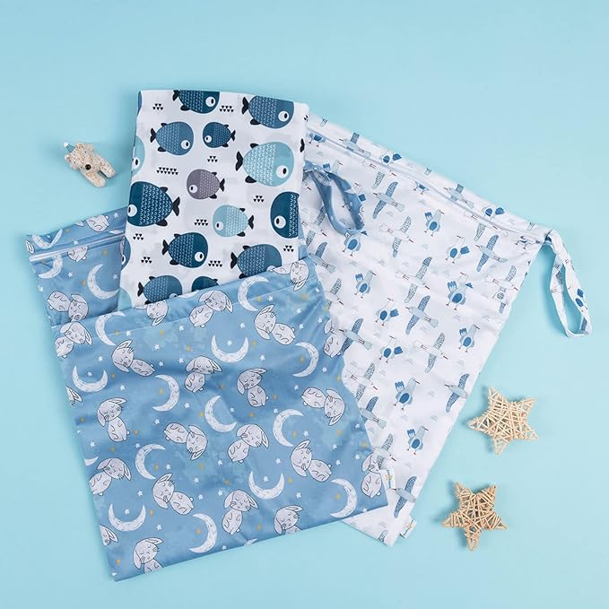 babygoal Wet Dry Bags for Baby Cloth Diapers, Washable Travel Bags, Beach, Pool, Gym Bag for Swimsuits & Wet Clothes with Two Zippered Pockets 3 Pack, 3LN28