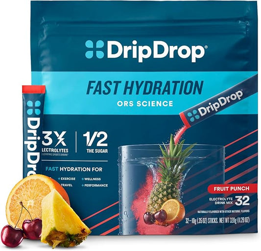 DripDrop Hydration Packets - Fruit Punch - Single Serve Electrolytes Powder Drink Mix - Non-GMO, Gluten Free, Vegan - 32 Sticks