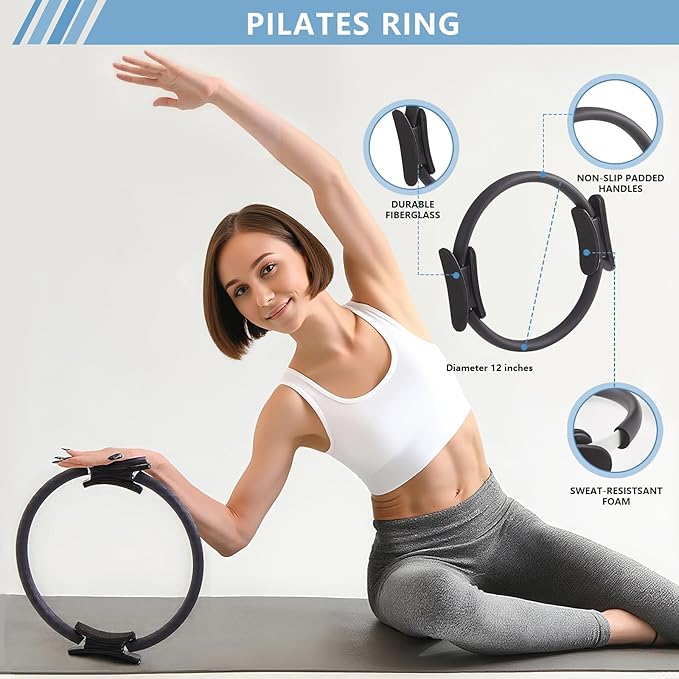 Pilates Kit at Home 10PCS Pilates Equipment with 11.81Inch Pilates Ring 9.8Inch Ball 5PCS Stretching Strap Risistance Bands Block Gym Bag