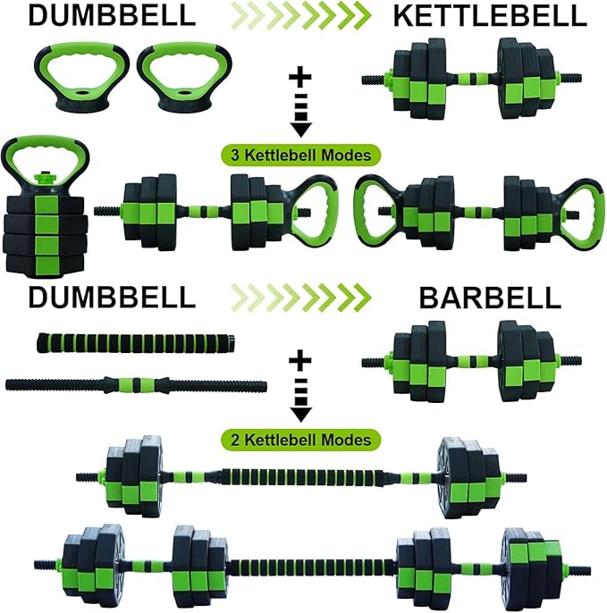 Dumbbell Set 44lbs Free Weights Set with Connector 4 In1 Weights Dumbbells Set Barbell Kettlebells Push Up Stand for Home Gym Green One Size