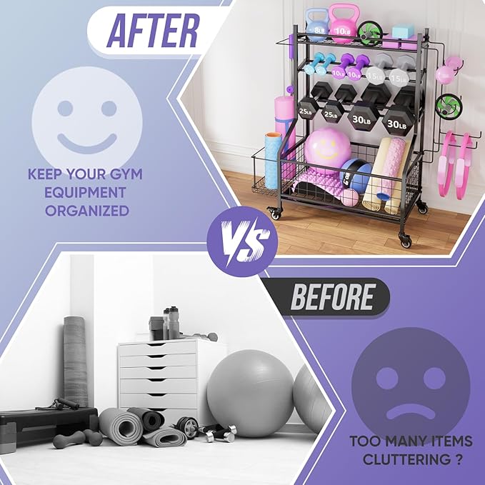 WUC Adjustable Dumbbell Rack, Weight Rack for Home Gym Storage, All-in-One Workout Equipment Storage with Wheels and Hooks for Dumbbells, Kettlebells, Yoga Mats & Balls, Durable Powder Coated Steel