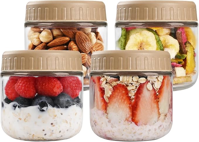 Overnight Oats Containers with Lids, 10oz Glass Jars with Lids 4 pcs, Taffy, Wide Mouth Mason jars for Salad, Yogurt, Snacks, Meal Prep