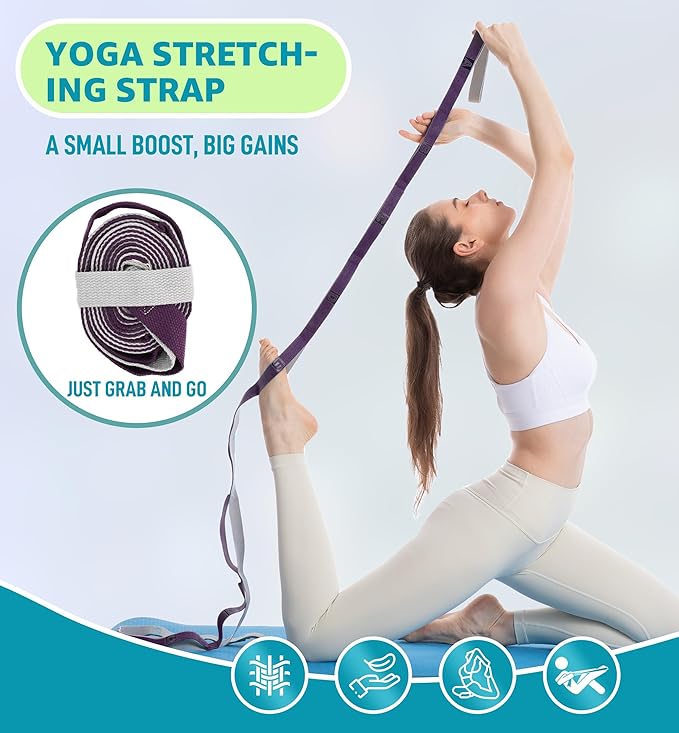 HiRui Stretching Strap Yoga Strap with Door Anchor, 14-Loops Non-Elastic Stretch Straps for Physical Therapy, Pilates, Dance, Gymnastics | Stretch Band with Workout Guide for Women & Men